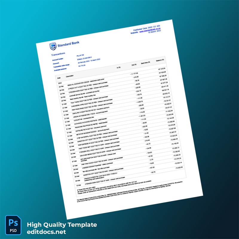 South Africa Standard Bank Bank Statement Template in Word and PDF formats