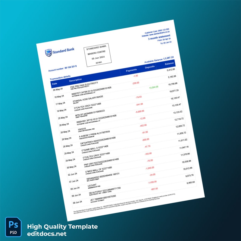 South Africa Standard Bank Statement Template in Word and PDF formats page 2