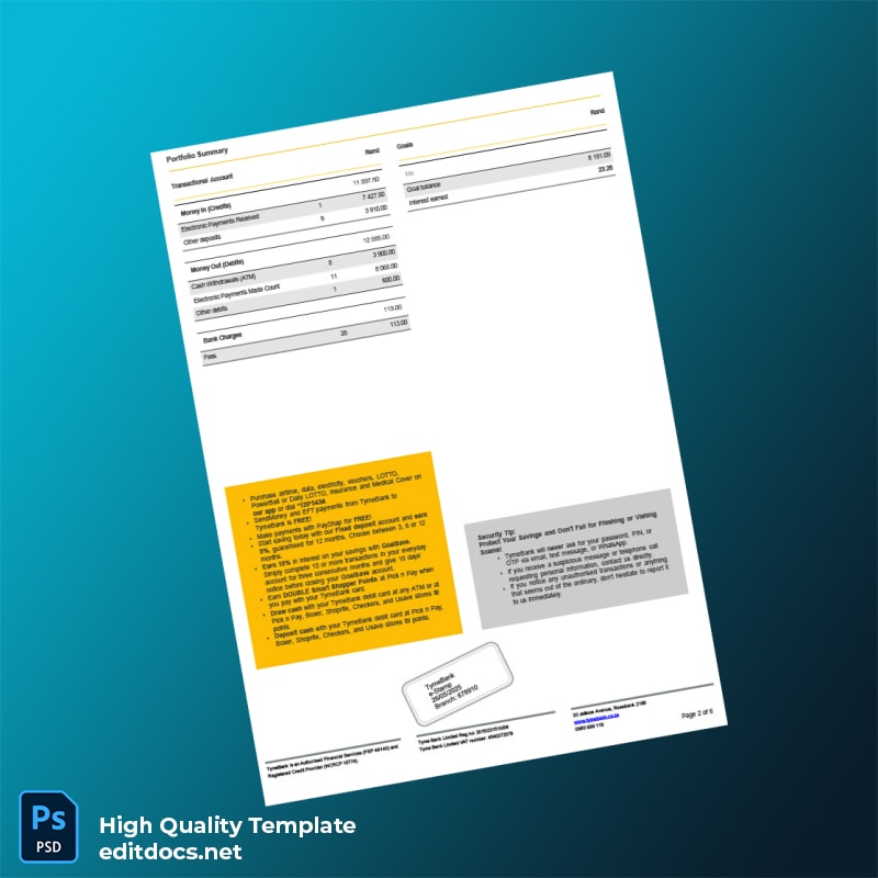 South Africa TymeBank Bank Statement Template in Word and PDF formats page 2