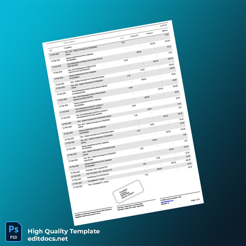 South Africa TymeBank Bank Statement Template in Word and PDF formats page 4