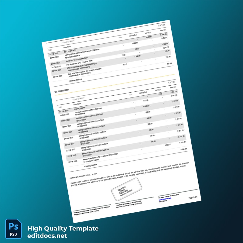 South Africa TymeBank Bank Statement Template in Word and PDF formats page 5