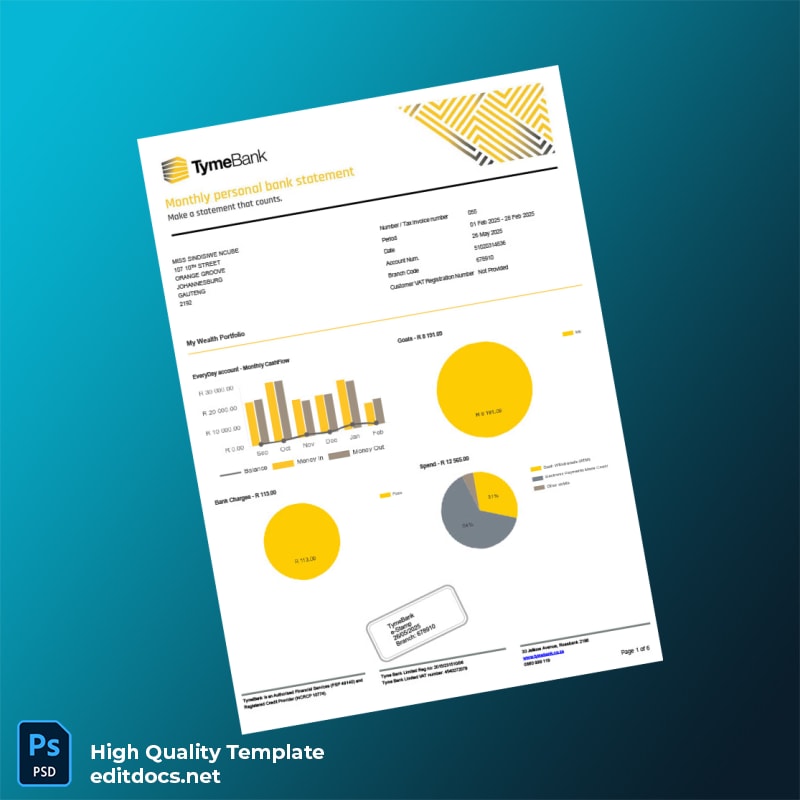 South Africa TymeBank Bank Statement Template in Word and PDF formats