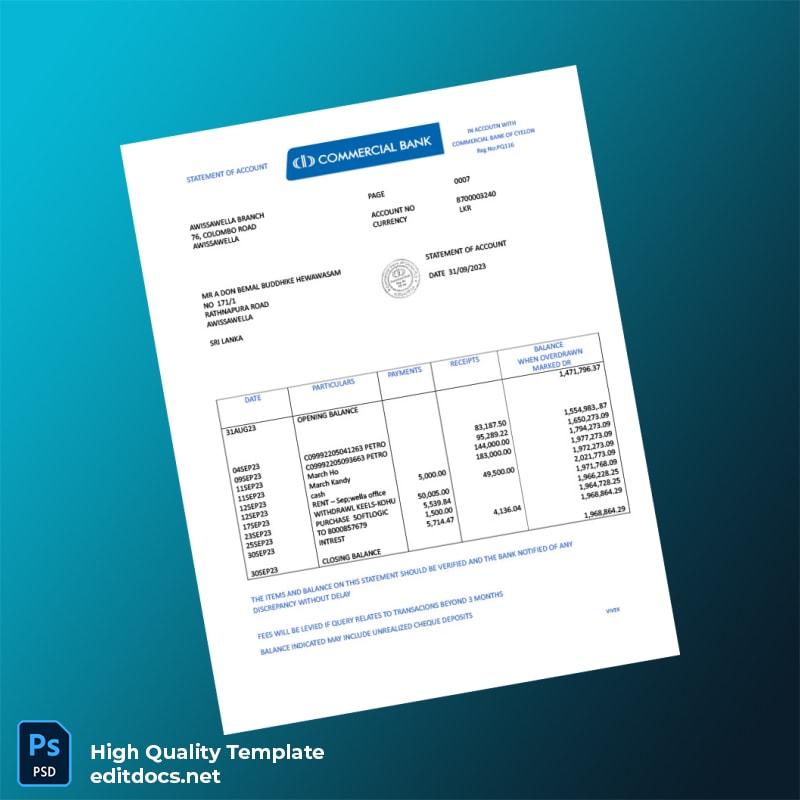 Sri Lanka Commercial Bank of Ceylon Bank Statement Template in Word and PDF formats