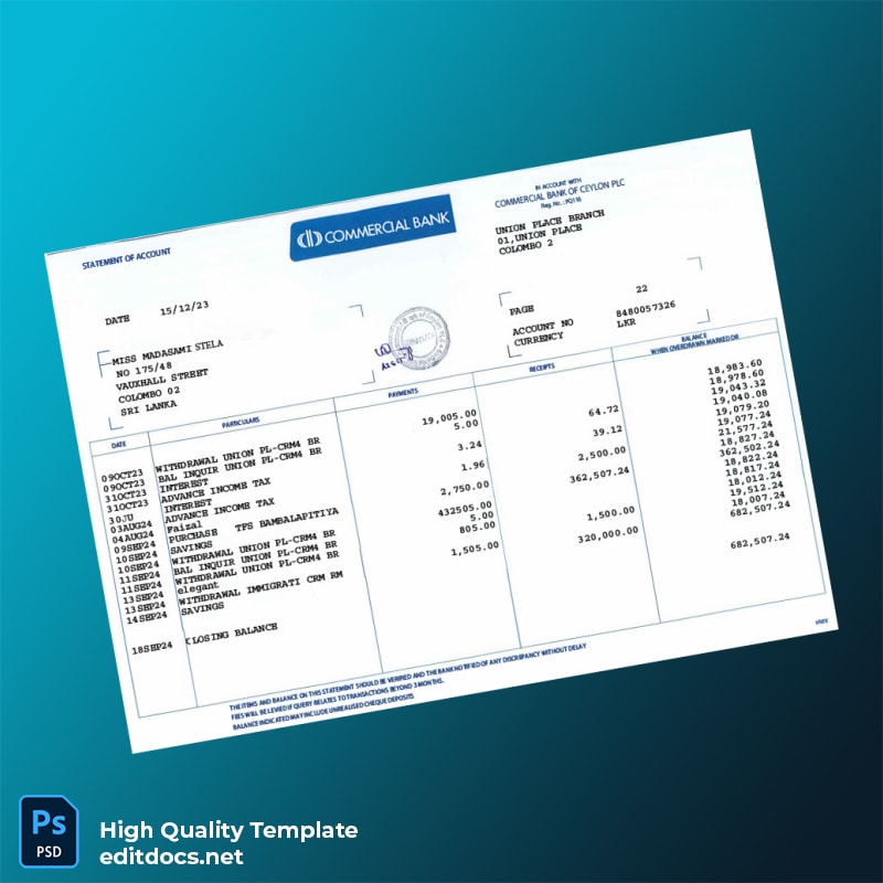 Sri Lanka Commercial Bank of Ceylon PLC Bank Statement Template in Word and PDF formats page 2