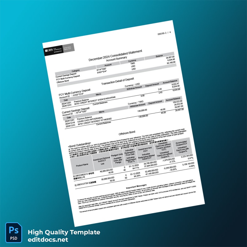 Taiwan DBS Bank Statement Template in Word and PDF formats page 2