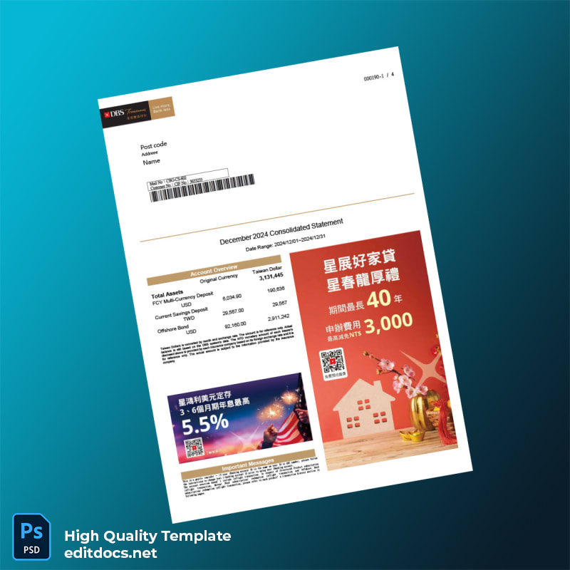 Taiwan DBS Bank Statement Template in Word and PDF formats