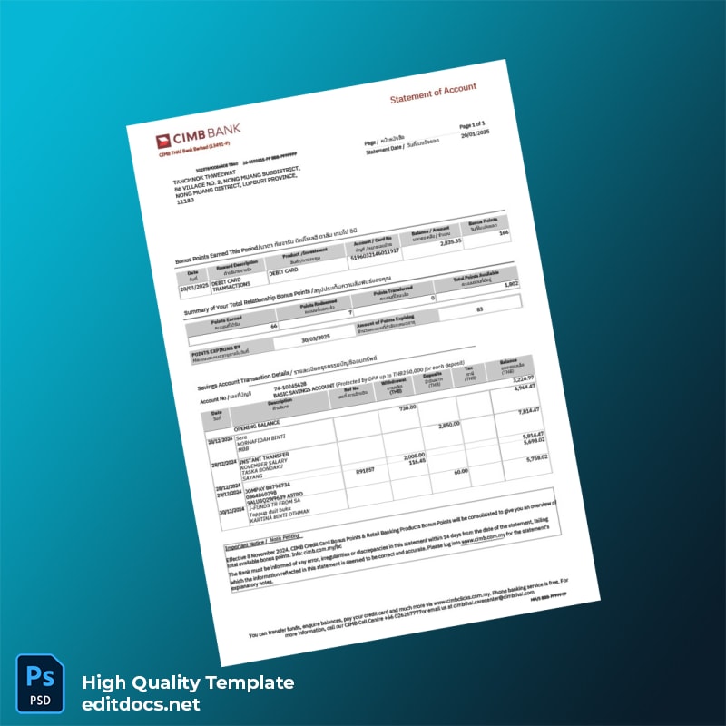 Thailand CIMB Bank Statement Template in Word and PDF formats