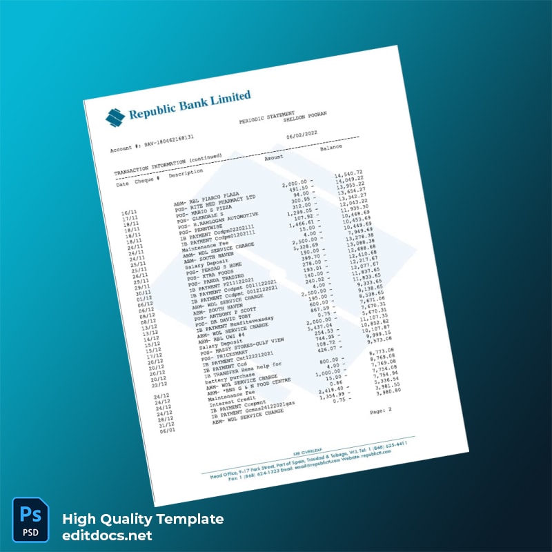 Trinidad and Tobago Republic Bank Statement Template in Word and PDF formats page 2