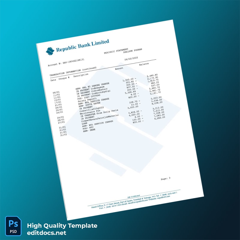 Trinidad and Tobago Republic Bank Statement Template in Word and PDF formats page 3