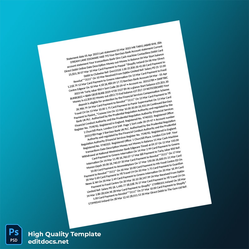 UK Barclays Bank Account Statement Template in Word and PDF formats