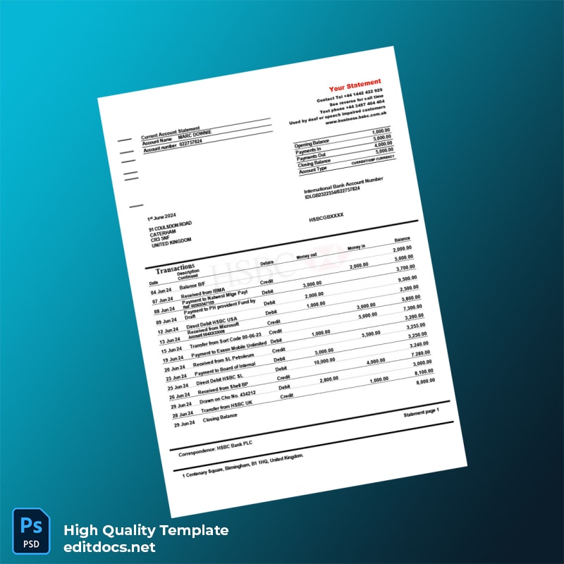 UK HSBC Bank Statement Template in Word and PDF formats