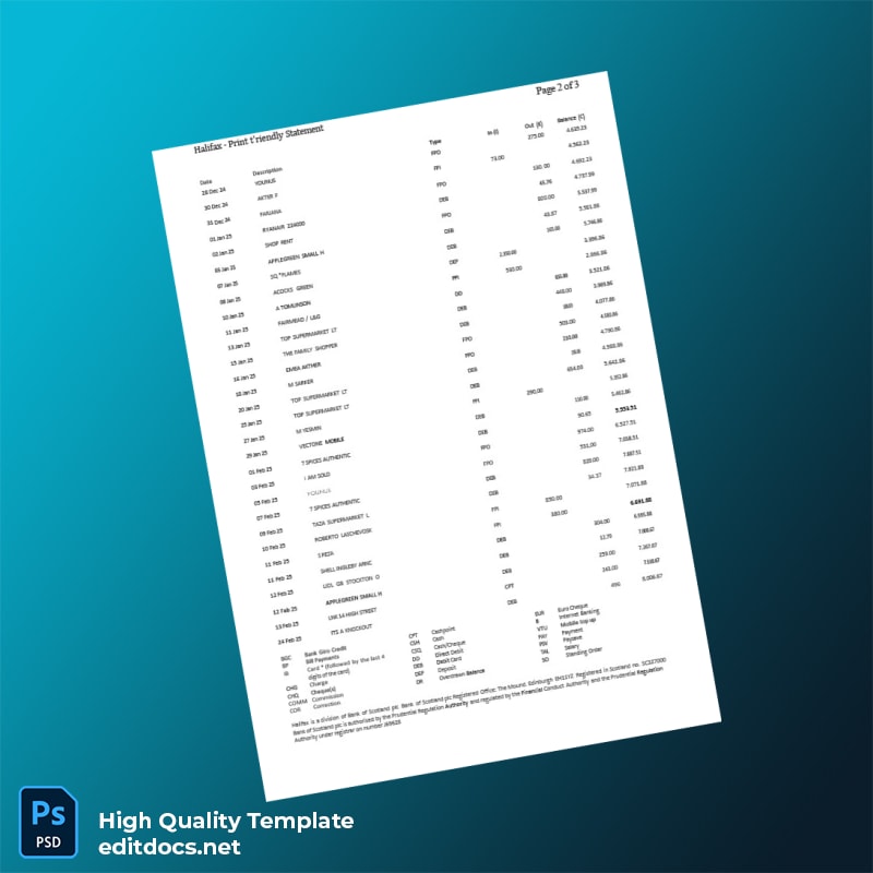 UK Halifax Bank Statement Template in Word and PDF formats page 2