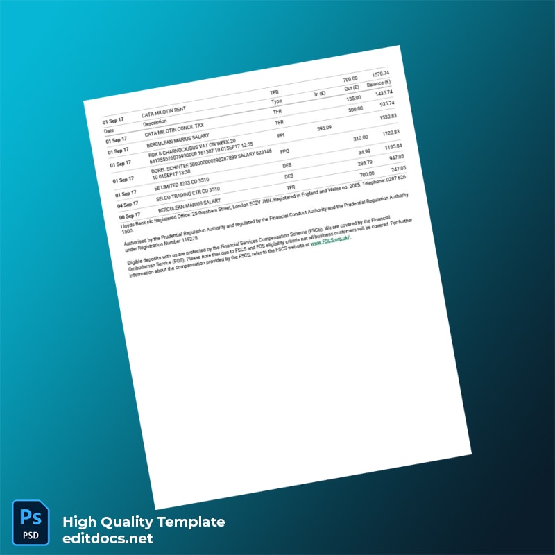 UK Lloyds Bank Business Account Statement Template in Word and PDF formats page 2