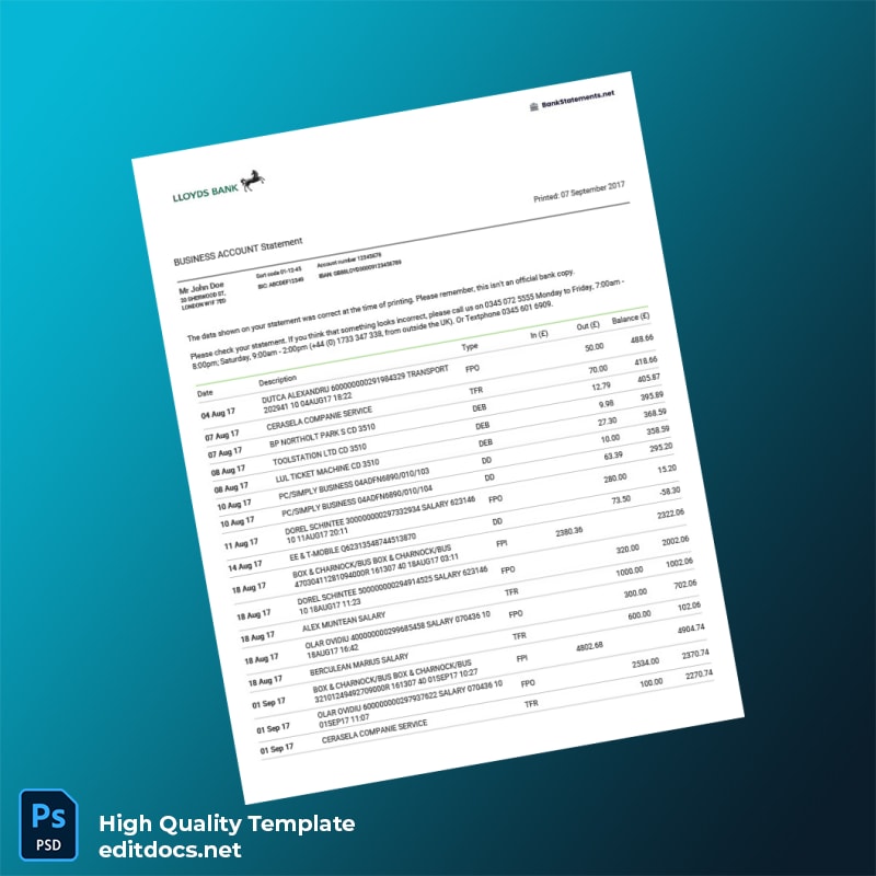 UK Lloyds Bank Business Account Statement Template in Word and PDF formats