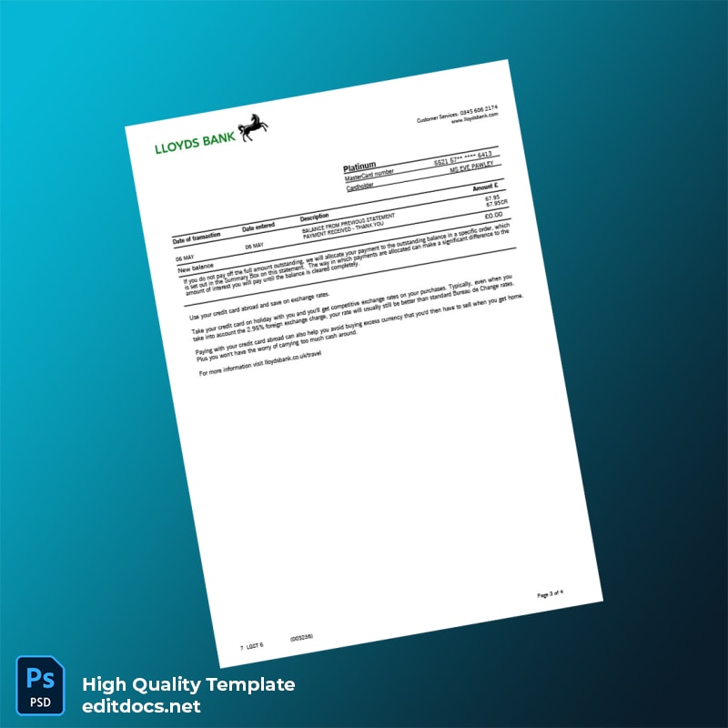 UK Lloyds Bank Statement Template in Word and PDF formats page 3