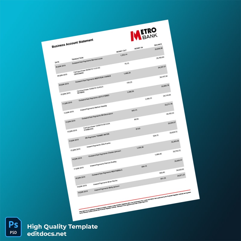UK Metro Bank Business Account Statement Template in Word and PDF formats page 3