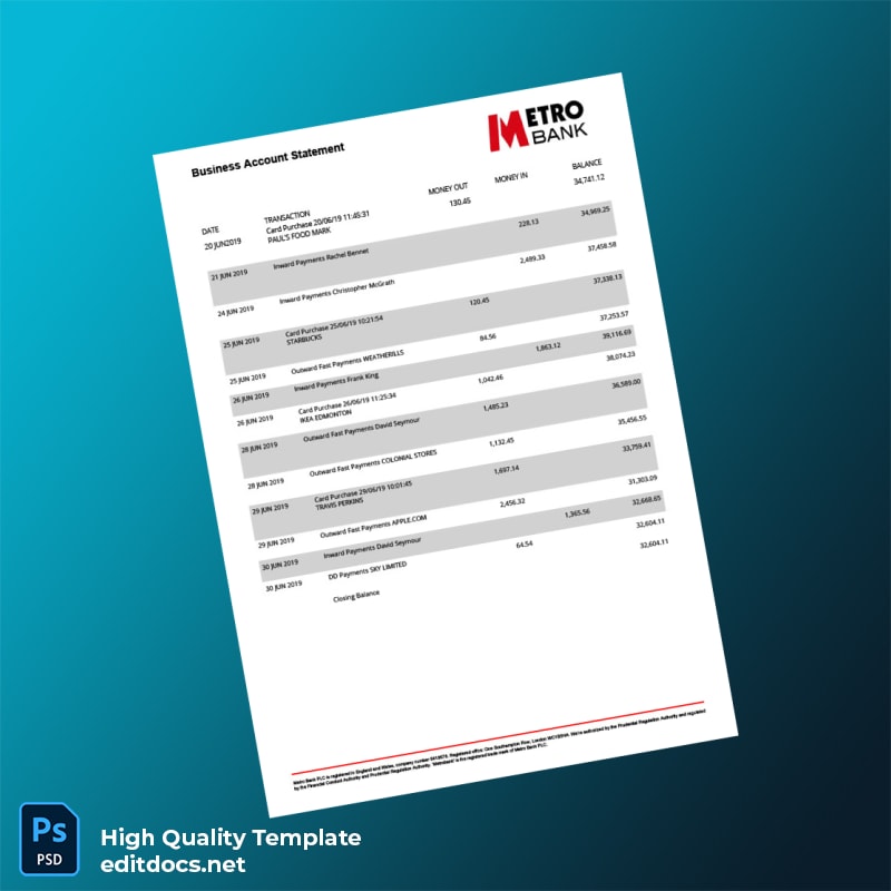 UK Metro Bank Business Account Statement Template in Word and PDF formats page 4