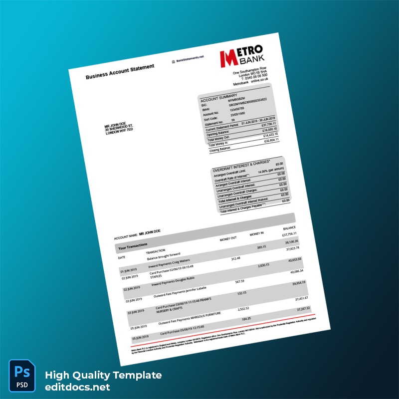 UK Metro Bank Business Account Statement Template in Word and PDF formats