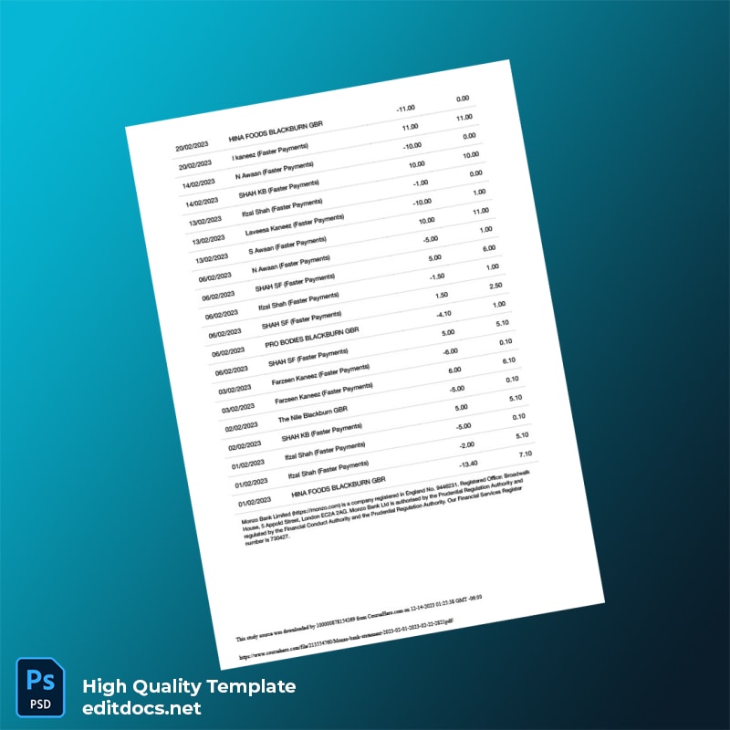 UK Monzo Bank Statement Template in Word and PDF formats page 2
