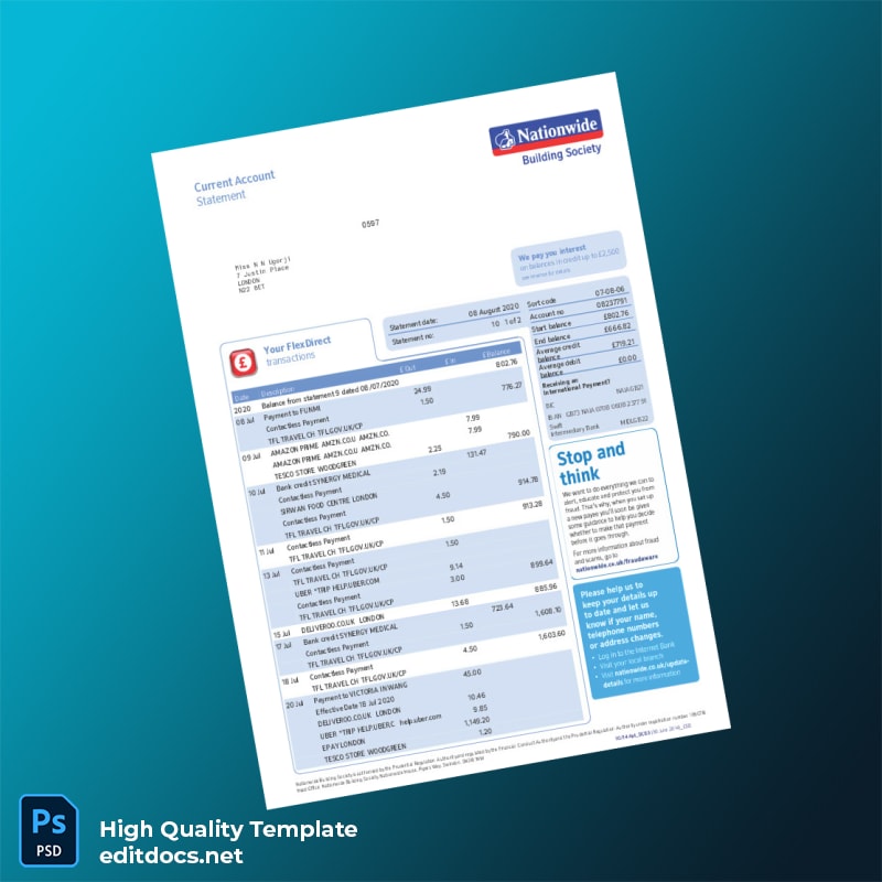UK Nationwide Bank Statement Template in Word and PDF formats
