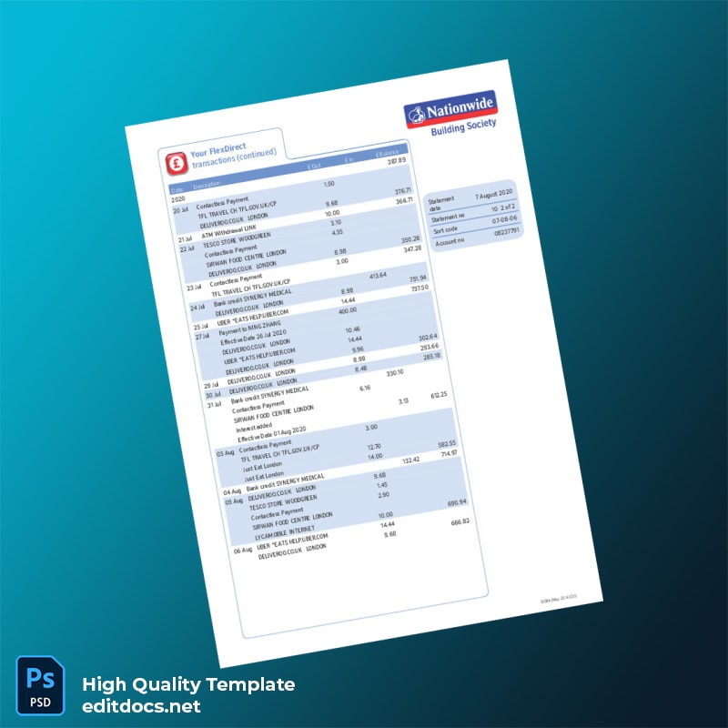 UK Nationwide Bank Statement Template in Word and PDF formats page 2
