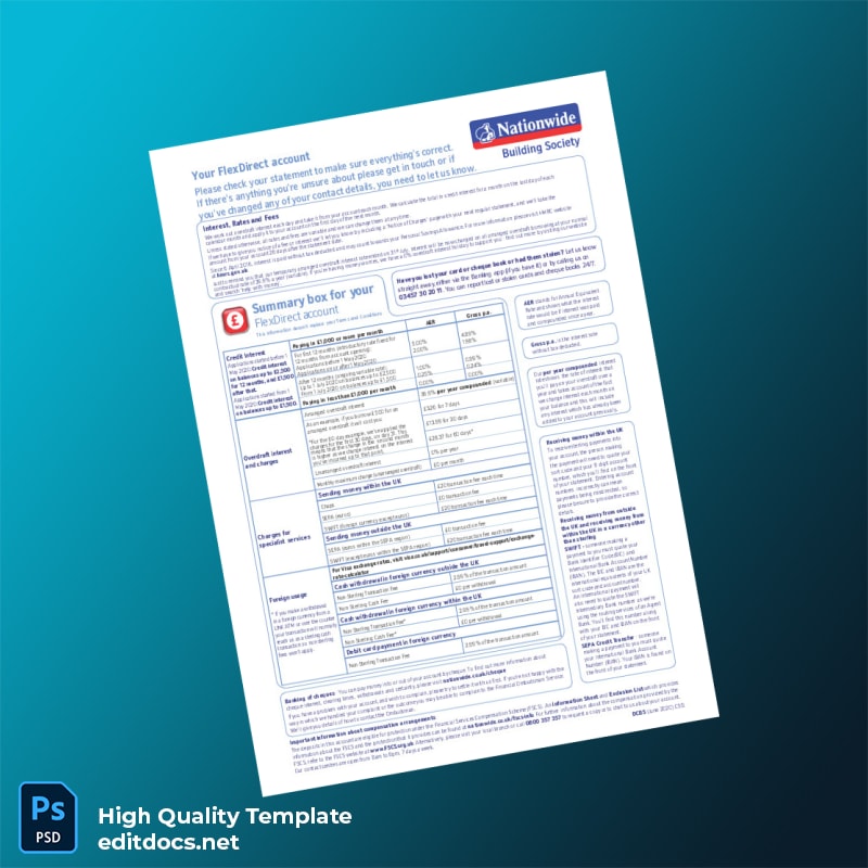 UK Nationwide Bank Statement Template in Word and PDF formats page 3