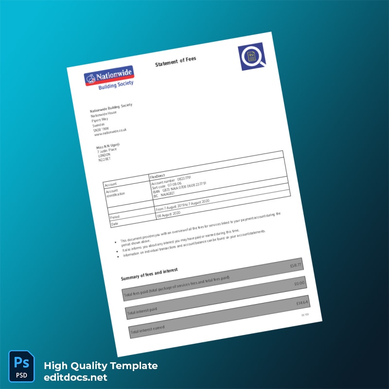UK Nationwide Bank Statement Template in Word and PDF formats page 5