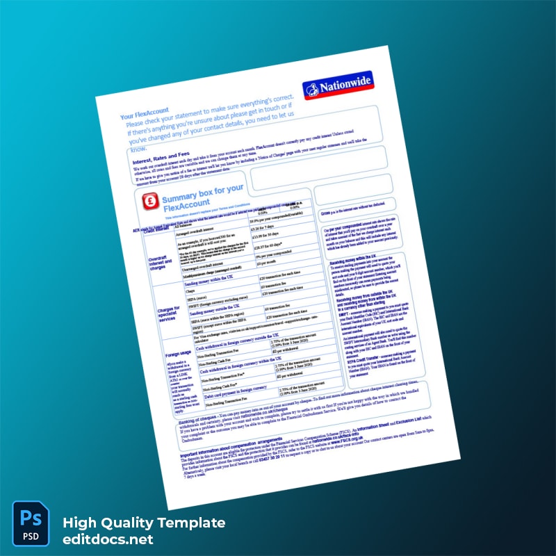 UK Nationwide Building Society Bank Statement Template in Word and PDF formats page 2