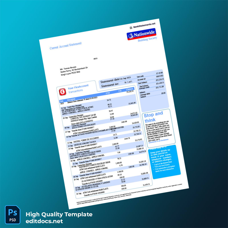 UK Nationwide Building Society Bank Statement Template in Word and PDF formats