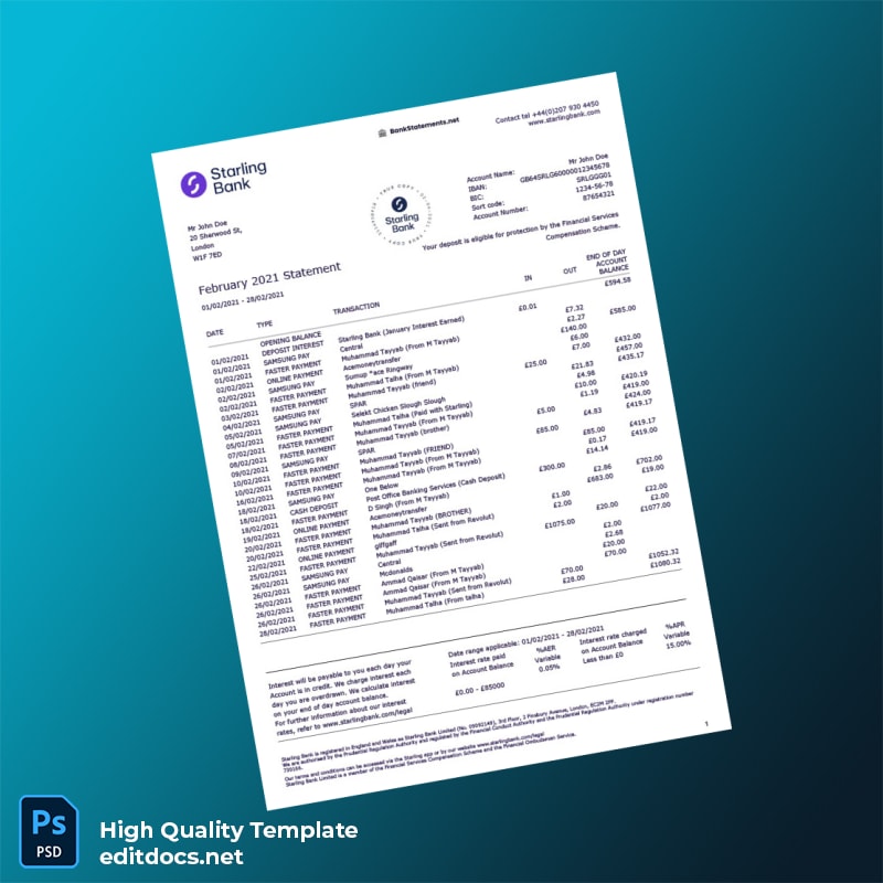UK Starling Bank Statement Template in Word and PDF formats