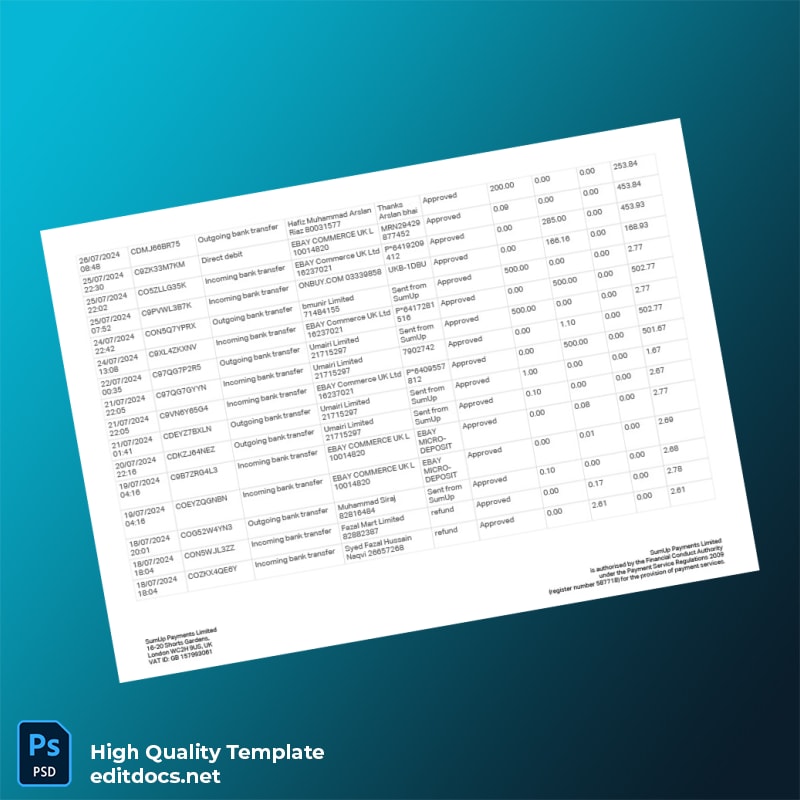 UK SumUp Account Statement Template in Word and PDF formats page 2