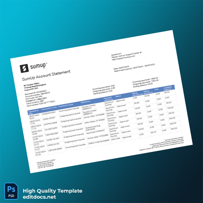 UK SumUp Account Statement Template in Word and PDF formats