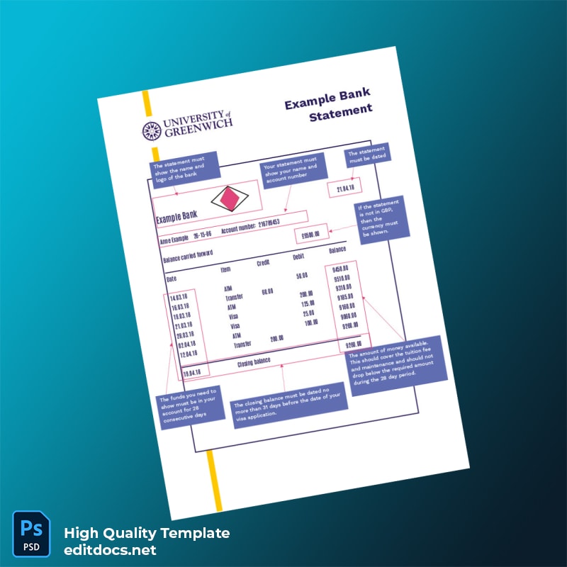 UK United Kingdom Example Bank Statement Template in Word and PDF formats