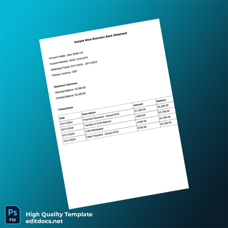 UK WISE Business Bank Statement Template in Word and PDF formats