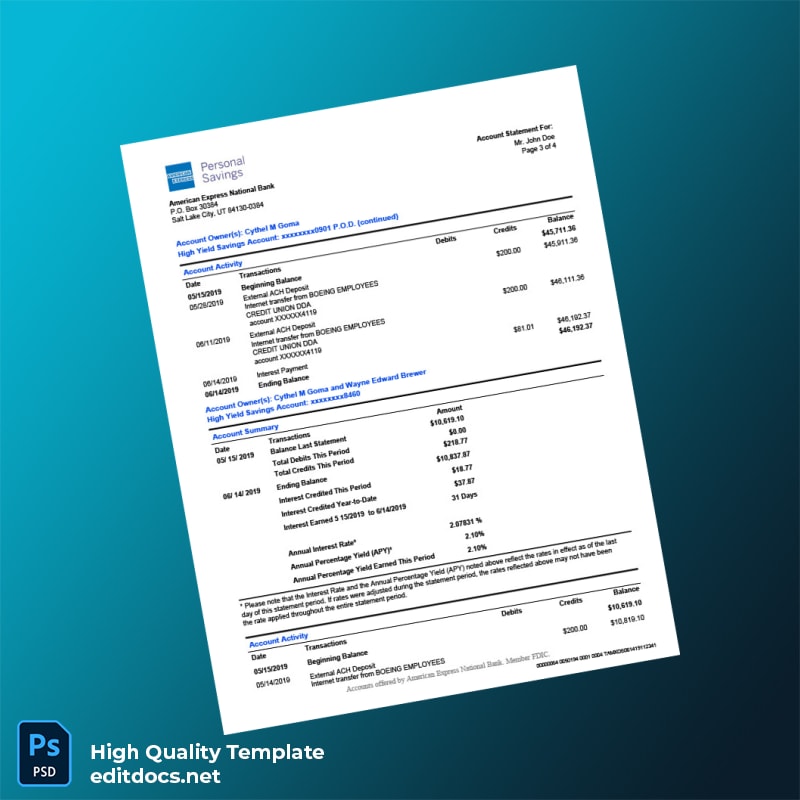 USA American Express Bank Statement Template in Word and PDF formats page 3
