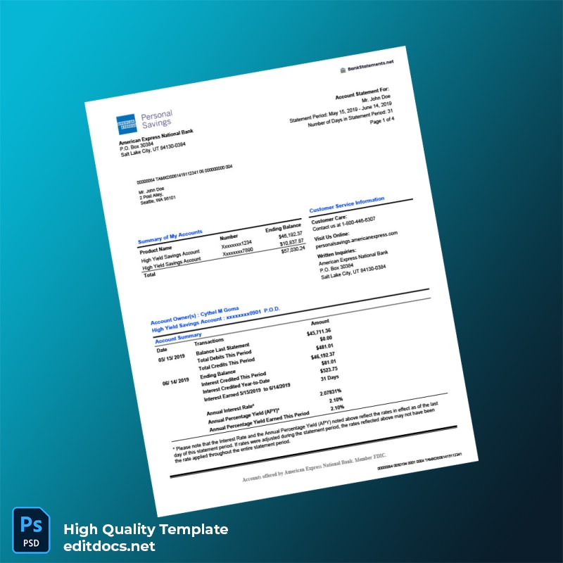 USA American Express Bank Statement Template in Word and PDF formats