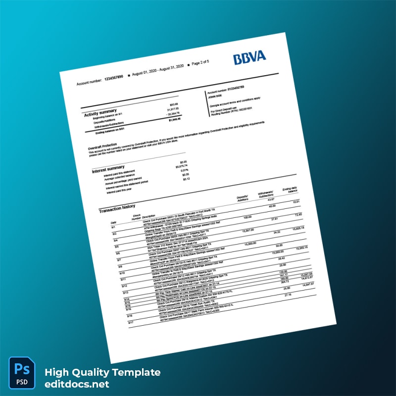 USA BBVA Bank Statement Template in Word and PDF formats page 2