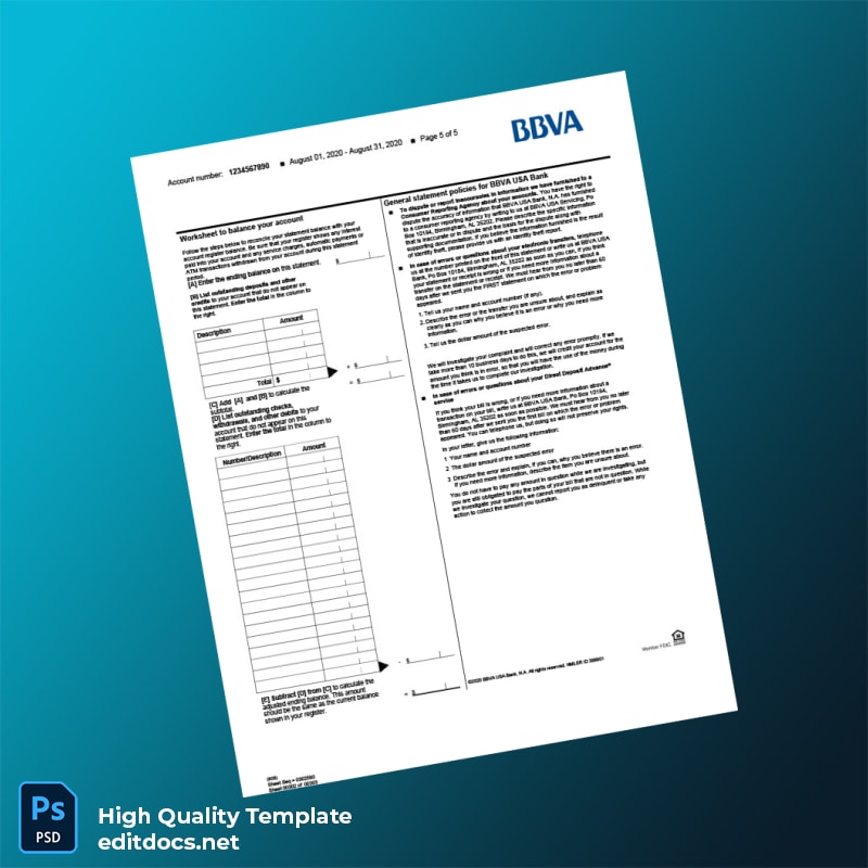 USA BBVA Bank Statement Template in Word and PDF formats page 5
