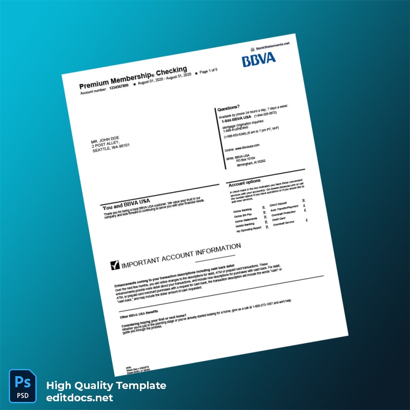 USA BBVA Bank Statement Template in Word and PDF formats