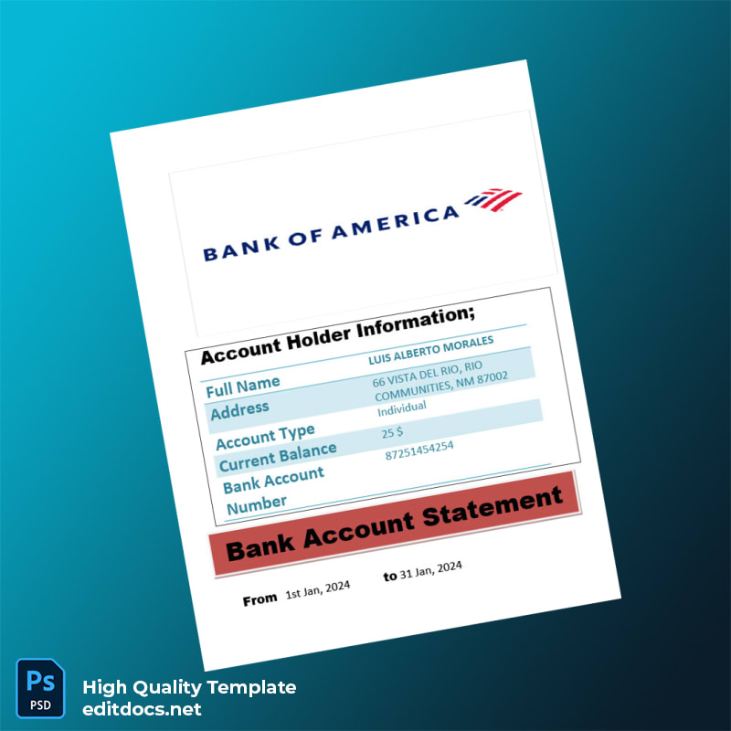 USA Bank of America Bank Account Statement Template in Word and PDF formats