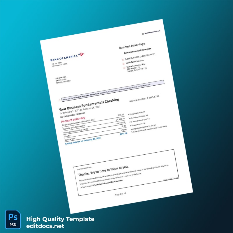 USA Bank of America Fake Bank Statement Template in Word and PDF formats
