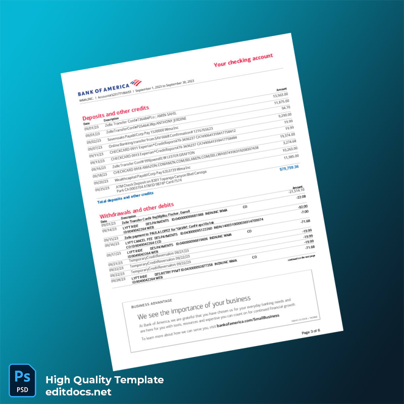 USA Bank of America Statement Template in Word and PDF formats page 3