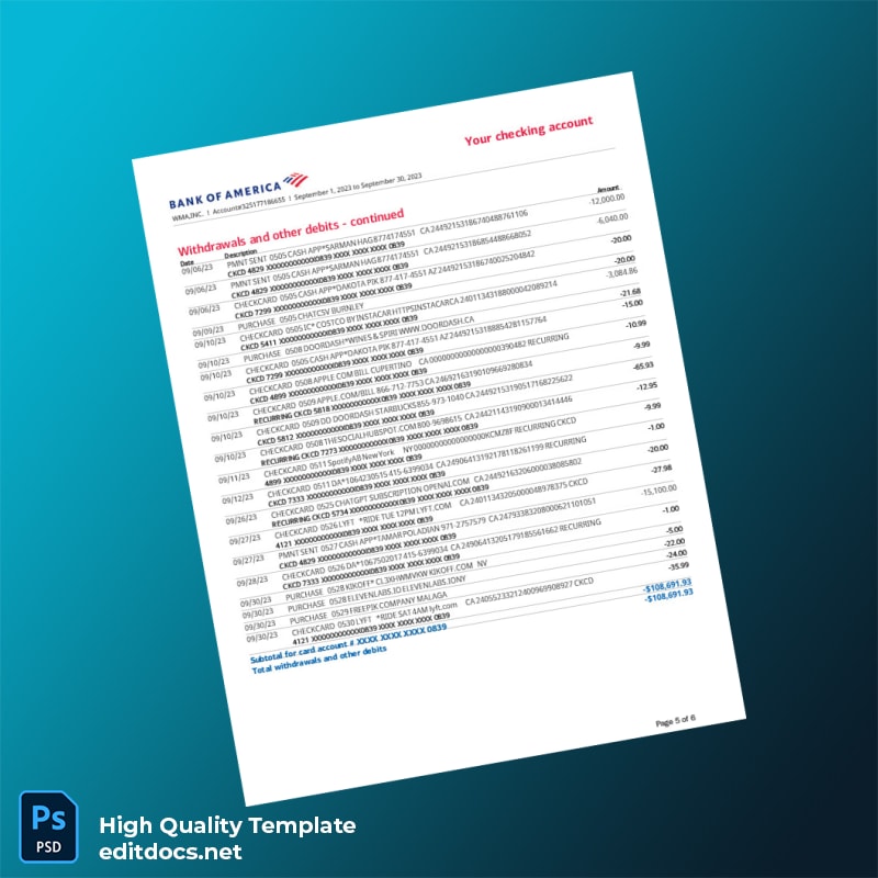 USA Bank of America Statement Template in Word and PDF formats page 5