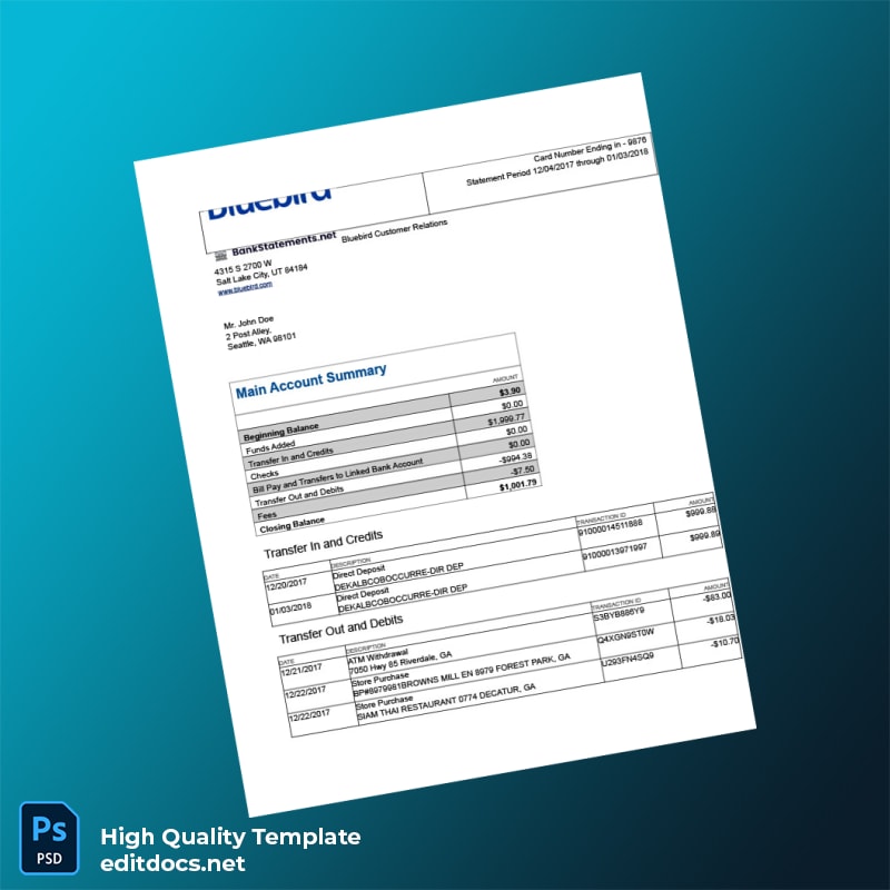 USA Bluebird Bank Statement Template in Word and PDF formats