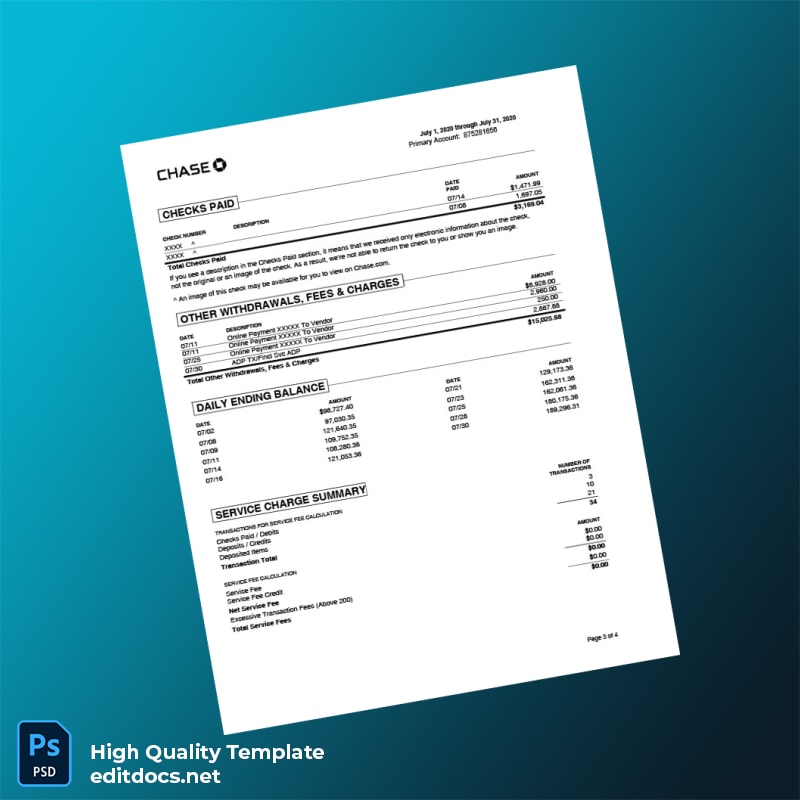 USA Chase Bank Account Statement Template in Word and PDF formats page 3