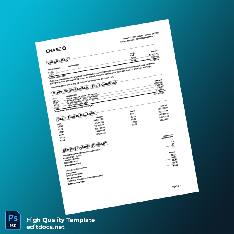 USA Chase Bank Statement Template in Word and PDF formats page 3