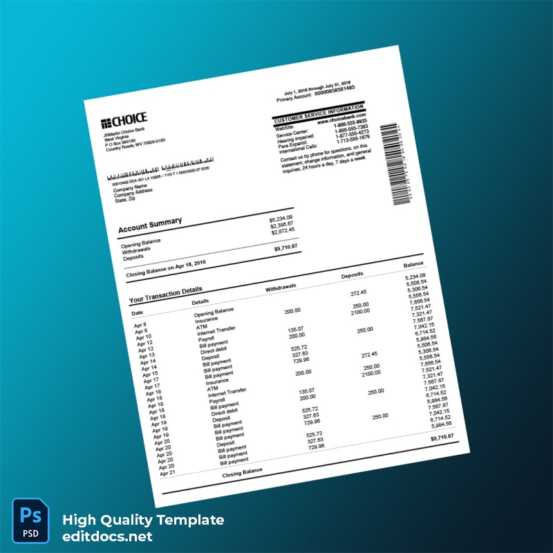 USA Choice Bank Bank Statement Template in Word and PDF formats