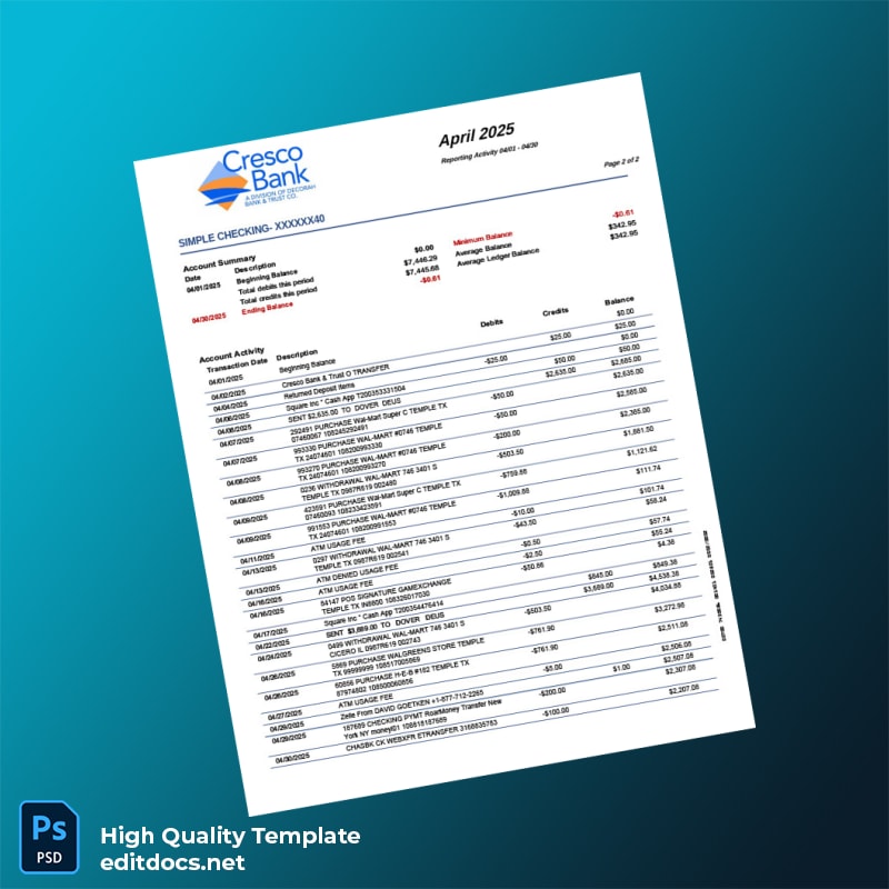 USA CrescoBank Account Statement Template in Word and PDF formats page 2