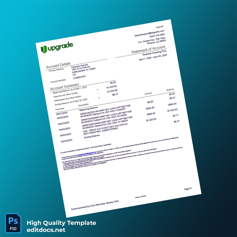 USA Cross River Bank Statement Template in Word and PDF formats