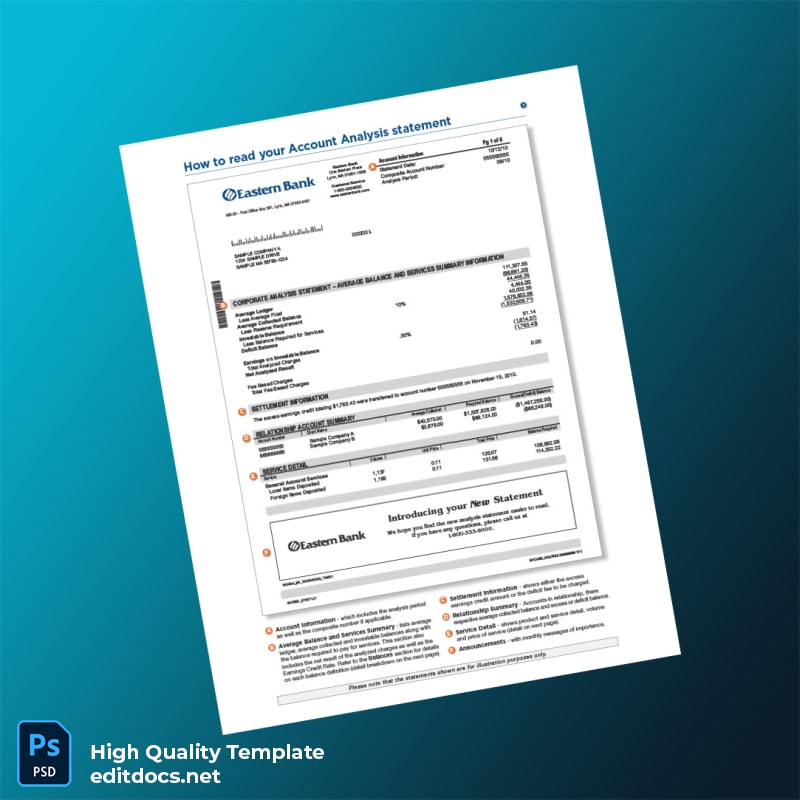 USA Eastern Bank Bank Statement Template in Word and PDF formats